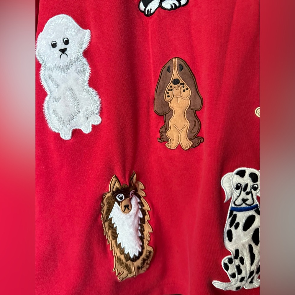 Bechamel Womens Cotton T-Shirt Red Short Sleeve Dog Embroidered Sz Petite Large - Picture 4 of 13